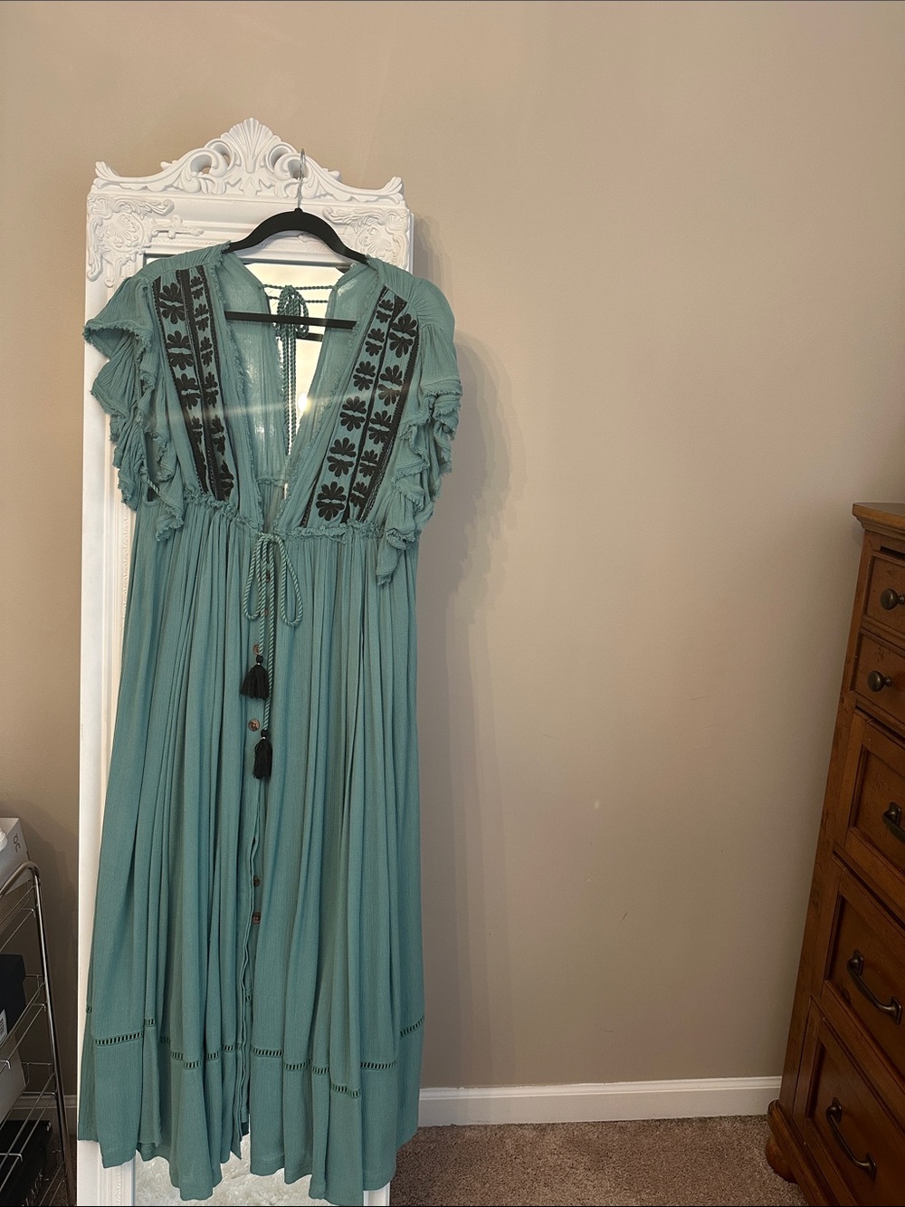 Free People Teal Embroidered Tassel Maxi Dress